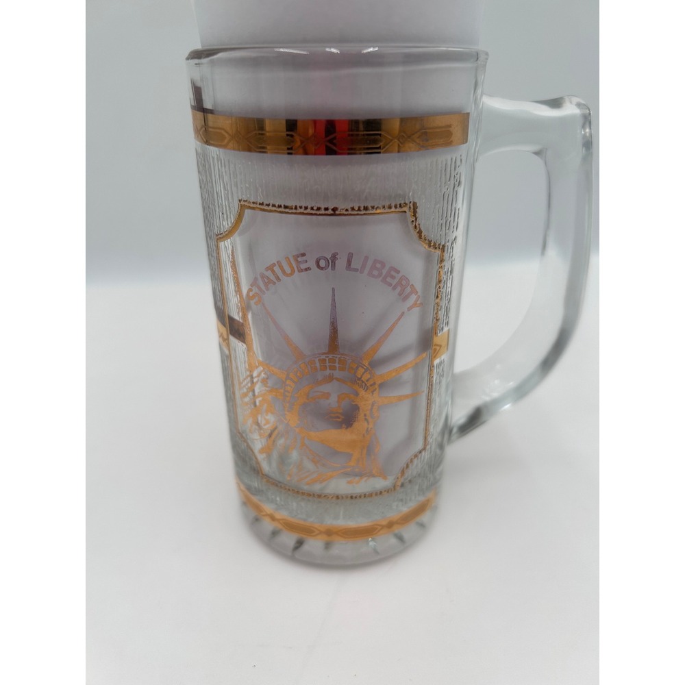 VTG Statue of Liberty Glass Beer Mug 22k Gold Accents Souvenir Tankard NYC 5.75"